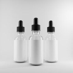 three glass droppers bottles with blank label a front view 3d render