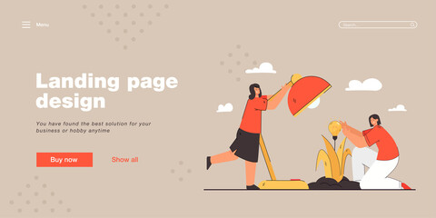 Women caring about new idea. Two females caring about light bulb plant symbolizing some innovation. New business idea, startup project concept for banner, website design
