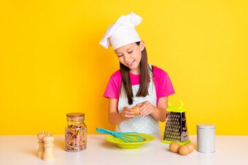 Photo of girl prepare french omelette meal use grater spice macaroni wear apron cap isolated yellow...