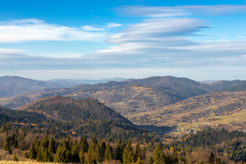 Carpathian Mountains. Colorful autumn panorama of Pieniny Mountains near Szczawnica, Poland.