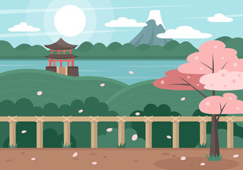 Japanese landscape vector illustration. Cartoon asian traditional temple, pavilion or Torii gate. Oriental pagoda in Japan. Flat fuji mountain lake scenery and blooming sakura tree. Travel to Asia.