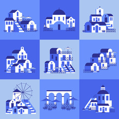 Seamless pattern with blue-white houses, mill, church, arch, steps. Vector illustration in flat style for touristic industry.