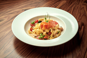 Pasta in cheese sauce with salmon in a white plate on a wooden background
