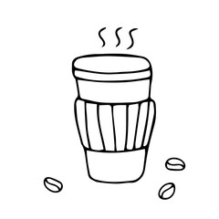 Black hand drawn illustration of coffee in a paper cup with a plastic lid to go