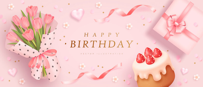 Happy birthday horizontal banner with realistic bouquet of tulips, cake and gift box. 3d realistic style. Vector illustration