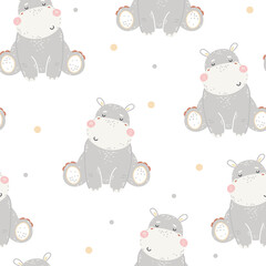 Seamless childish pattern with cute baby hippo for boys and girls.Scandinavian kids illustration for fabric, nursery, textile, wallpaper, wrapping paper design. Vector hand drawn animals