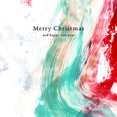 Diseño de tarjeta de navidad con diseño abstracto, elegante, sencillo y moderno. Merry christmas. Trazos de pintura en colores navideños. Rojos, verdes y oro (dorados)