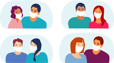 Couples of boys and girls talking to each other and laughing. Students. Boys and girls wearing the medical face masks. Vector illustration. Flat style 