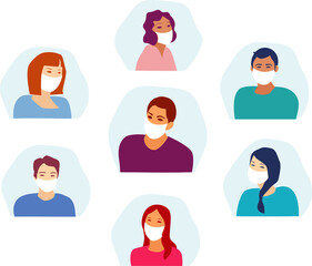 People avatar set.  Laughing Boys and girls. Boys and girls wearing the medical face masks. Students. Vector illustration. Flat style