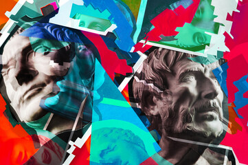 Collage with plaster antique sculpture of human face in a pop art style. Modern creative concept...