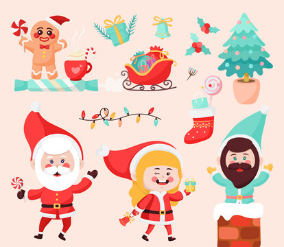 Pastel sweet Christmas collection set cartoon tree sled ginger bread man gift element graphic festival illustration vector
