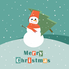 A snowman carries a Christmas tree in snowdrifts. Merry Christmas. Design for a postcard, banner or as a design template. Flat illustration.