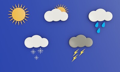Weather forecast icons set. Sunny, overcast, rainy, snowfall, storm. 3d Illustration.