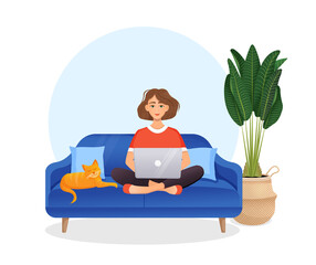 Woman sits on the couch in a room with a laptop computer with her cat. Flat vector illustration of freelance, work at home, work, office, education. Remote work and communication in social networks