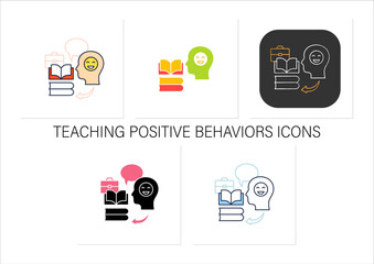 Teaching positive behaviors icons set.Managing emotions.Conflict management concept.Collection of icons in linear, filled, color styles.Isolated vector illustrations