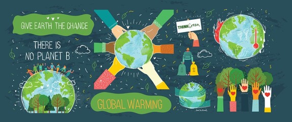 People Characters trying to Save Planet Earth. Global Warming and Climate Change Concept backgound poster