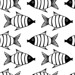 Seamless pattern with fishes in black and white
