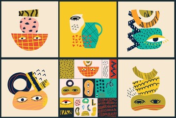 Set of trendy doodle and abstract icons on isolated white background. Collection, unusual organic shapes in freehand art style.