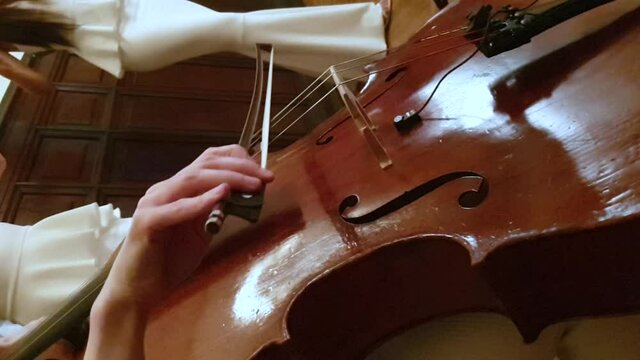 Female cello player playing violoncello. Close up of woman hand playing cello. Cello player playing cello bow. Orchestra musicians instruments, Vertical futage