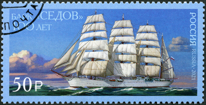 RUSSIA - 2021: shows barque Sedov, dedicated 200th Anniversary ship, 2021