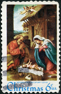 USA - 1970: shows Nativity, by Lorenzo Lotto, devoted Christmas, 1970