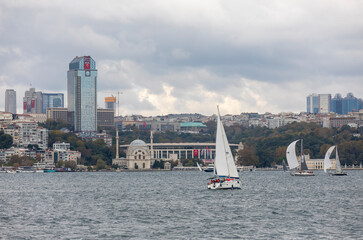 istanbul, turkey, october 29, 2021: the 2nd stage of the presidental international yacht race has been completed in istanbul's bosphorus strait