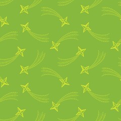 Bright cheerful background, seamless pattern, yellow stars with comets on a green background