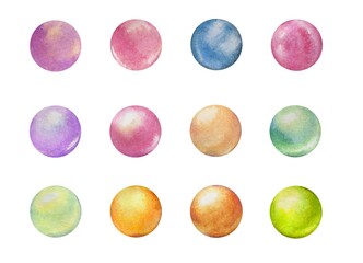 Set of multicolored round pearls, beads, watercolor illustration