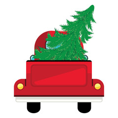 Red pickup with evergreen tree © AnnaPa