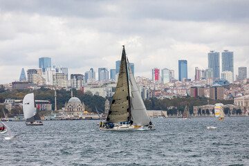 istanbul, turkey, october 29, 2021: the 2nd stage of the presidental international yacht race has been completed in istanbul's bosphorus strait