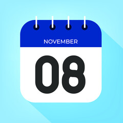 November day 8. Number eight on a white paper with dark blue color border on a clear blue background vector.