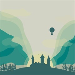 landscape, cartoon city, fairy landscape, castle, illustration, hot air balloon