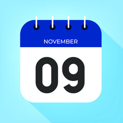 November day 9. Number nine on a white paper with dark blue color border on a clear blue background vector.
