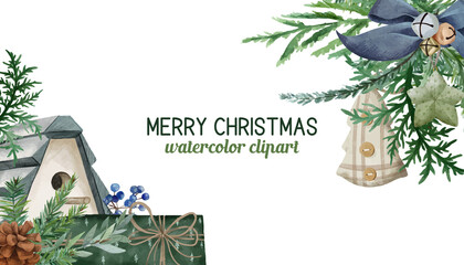 Scandi christmas background with fir branches and scandi elements