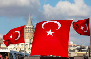 The Galata tower and the old quarters of Istanbul on the background of blue sky.  Tourist destination Istanbul Turkey