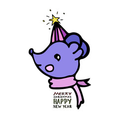 A cheerful Red Cat is smiling in a red and white hat and a purple scarf in the style of a cartoon with lettering Merry Christmas and Happy New Year. Vector illustration for children s book, postcard