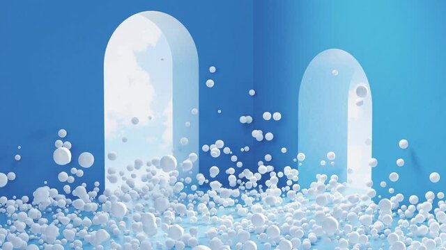 A lot of bouncing balls in the blue room, 3d rendering.
