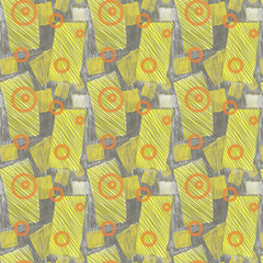 Seamless freehand drawing of yellow and gray rectangles and orange circles. Geometric ornaments. Fashionable, stylish, modern, unusual wallpaper design for walls, fabric, textiles, cover, background.