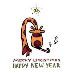 Obraz na płótnie Canvas An orange giraffe with a red scarf plays music on a pipe with lettering Merry Christmas and Happy New Year. Notes fly out. Vector illustration in cartoon style. Vector illustration for children s book