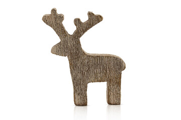 White and brown textured wooden deer on a white isolated background. Christmas, New Year. Design element