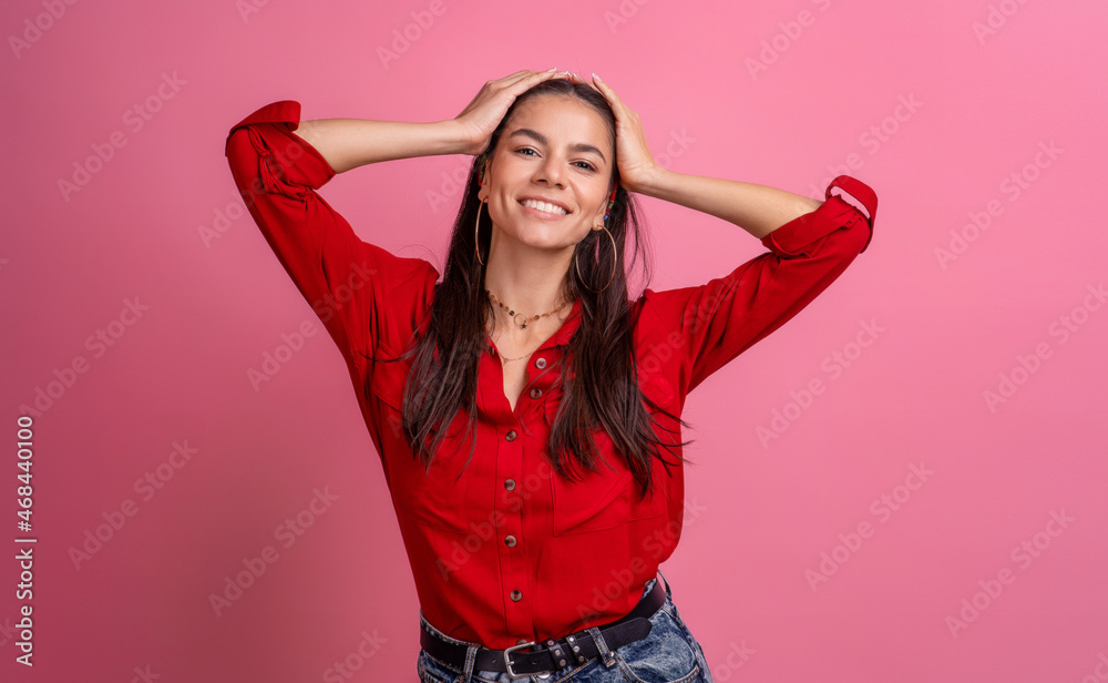 Wall mural hispanic beautiful woman in red shirt