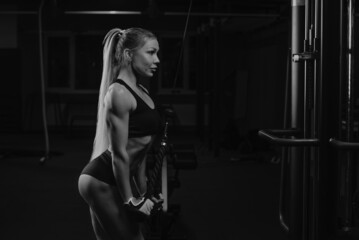 Fototapeta na wymiar A fit woman with long blonde hair is doing a triceps rope pushdown in a gym.