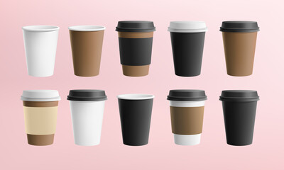 Realistic Coffee or tea paper Cups Mock-up set with label design for logo presentation. Black, White, Brown vector blank Mockup template of paper cup for beverage