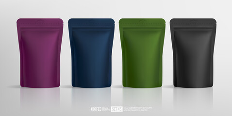 Realistic Coffee or food package blank Mock-up set for your brand presentation design - vector template. Coffee zip package mockup, stand-up pouch. Paper food packaging