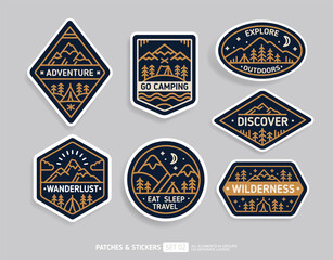 Go Camping, Discover and Adventure Travel badge Patch collection in minimalistic vintage design. Hiking and climbing emblem set. Mountains and camping tent in  forest flat line Vector illustration