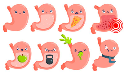 Stomach character. Healthy and ailing stomach. Cartoon internal organs. Gastritis and inflammation. Improper diet, acid, infection. Stock vector set illustration isolated on white background.