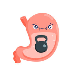 Stomach heaviness, constipation. Cartoon internal organs. Gastrointestinal tract. Healthy and atonic stomach. Stock vector illustration isolated on white background.