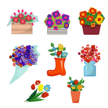 A set of flower bouquets. Flowers in pots, in a jar, in a rubber boot, in a box, in a bag. Vector collection on white background