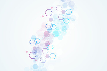 Science network pattern, connecting lines and dots. Technology hexagons structure or molecular connect elements
