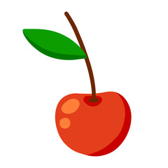 Cherry. Red berry with twig and a leaf. Sweet, fresh food. Flat cartoon illustration isolated on white